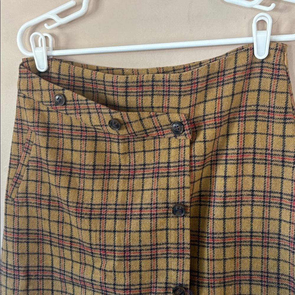❤️FINAL SALE❤️ Anthro | The Korner Mustard Plaid Faux-Wrap Wool Skirt Size 8 - Picture 3 of 9